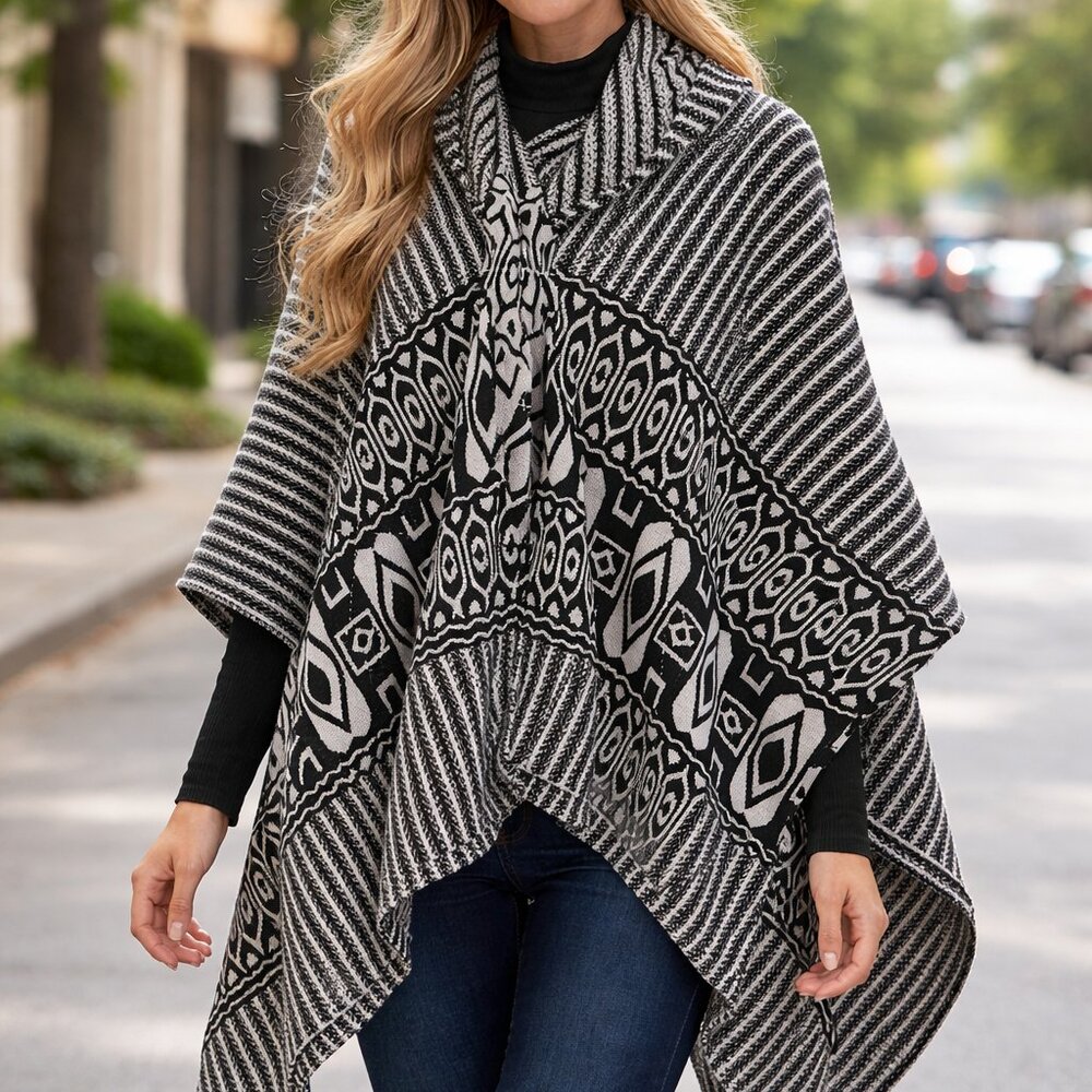 Andrew Marc black geometric hooded poncho cape with tassle tie